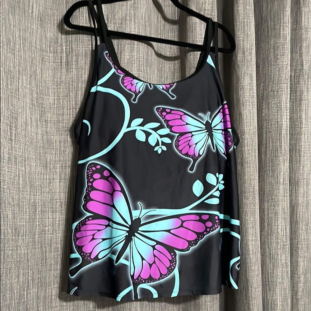 Black Swimsuit with Purple Butterfly Design